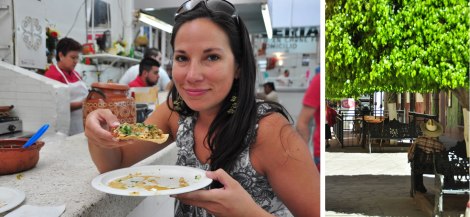 )izq.) Comiendo un "volcán" en el Mercado. (der) Un señor capeando el calor bajo la sombra de un árbol