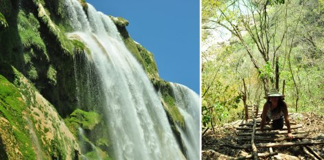 (izq) Cascada de Tamul desde abajo. (der) Nos aventuramos a bajar estas escaleras de palo para ver la cascada desde abajo!